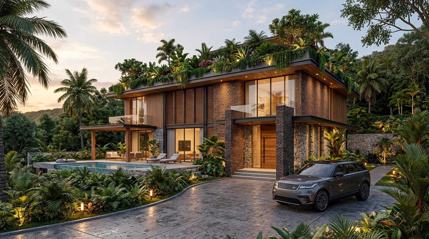 Architectural visualization of luxury eco villa with rooftop gardens