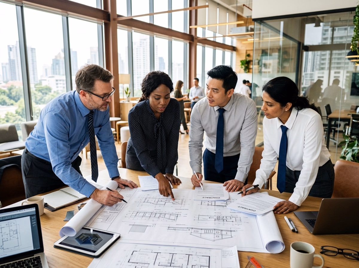 Team of architects and engineers reviewing building contracts